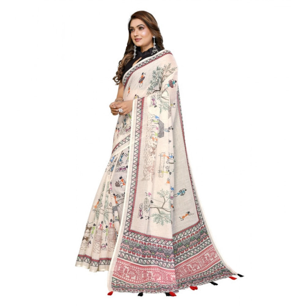 Women's Off White Linen Cotton Printed Saree With Unstitched Blouse – 5.5 Mtr