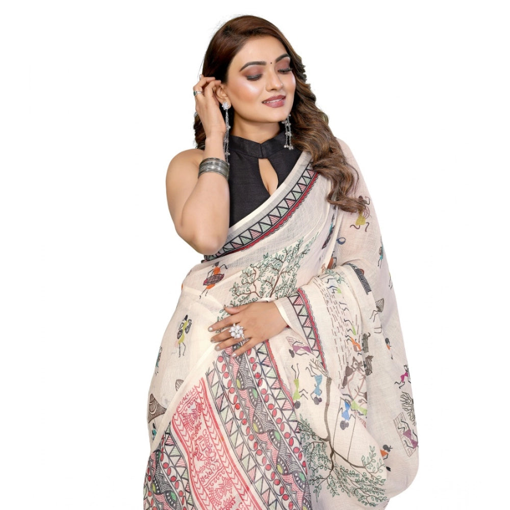 Women's Off White Linen Cotton Printed Saree With Unstitched Blouse – 5.5 Mtr