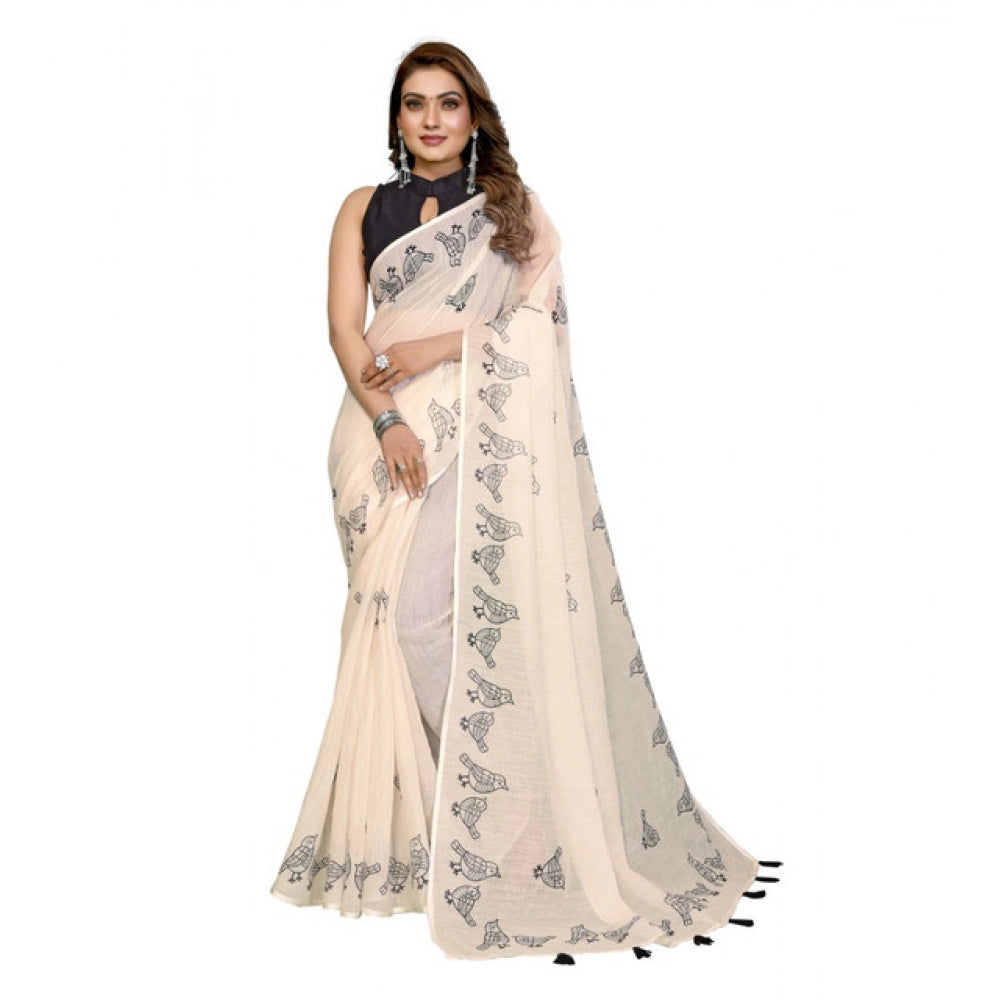 Women's Off White Linen Cotton Printed Saree With Unstitched Blouse – 5.5 Mtr
