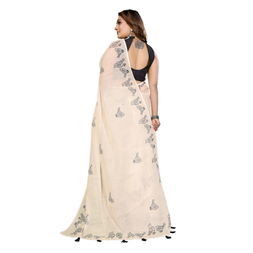Women's Off White Linen Cotton Printed Saree With Unstitched Blouse – 5.5 Mtr
