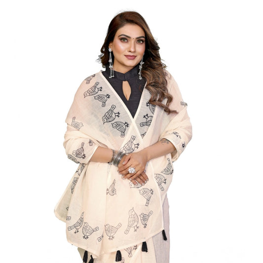 Women's Off White Linen Cotton Printed Saree With Unstitched Blouse – 5.5 Mtr