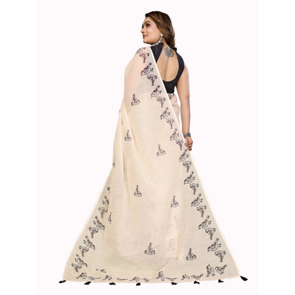 Women's Off White Linen Cotton Printed Saree With Unstitched Blouse – 5.5 Mtr