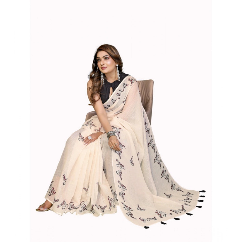 Women's Off White Linen Cotton Printed Saree With Unstitched Blouse – 5.5 Mtr