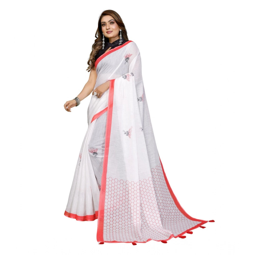 Women's White Linen Cotton Printed Saree With Unstitched Blouse – 5.5 Mtr