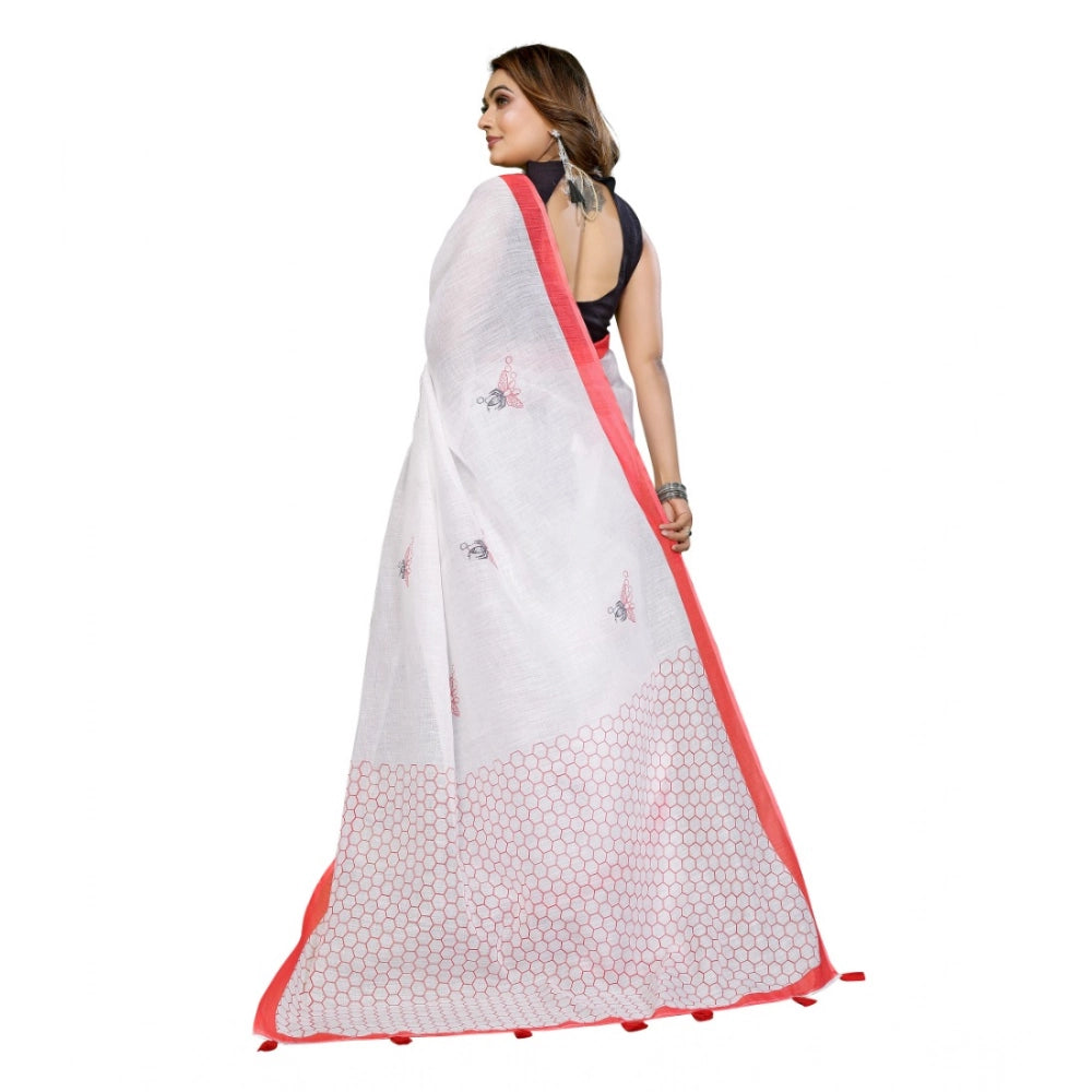 Women's White Linen Cotton Printed Saree With Unstitched Blouse – 5.5 Mtr