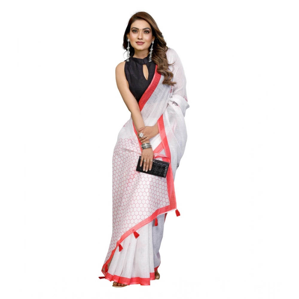 Women's White Linen Cotton Printed Saree With Unstitched Blouse – 5.5 Mtr