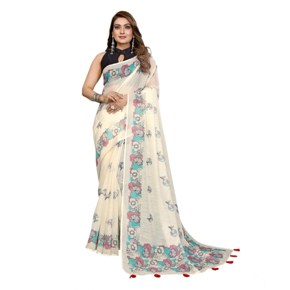 Women's Off White Linen Cotton Printed Saree With Unstitched Blouse – 5.5 Mtr