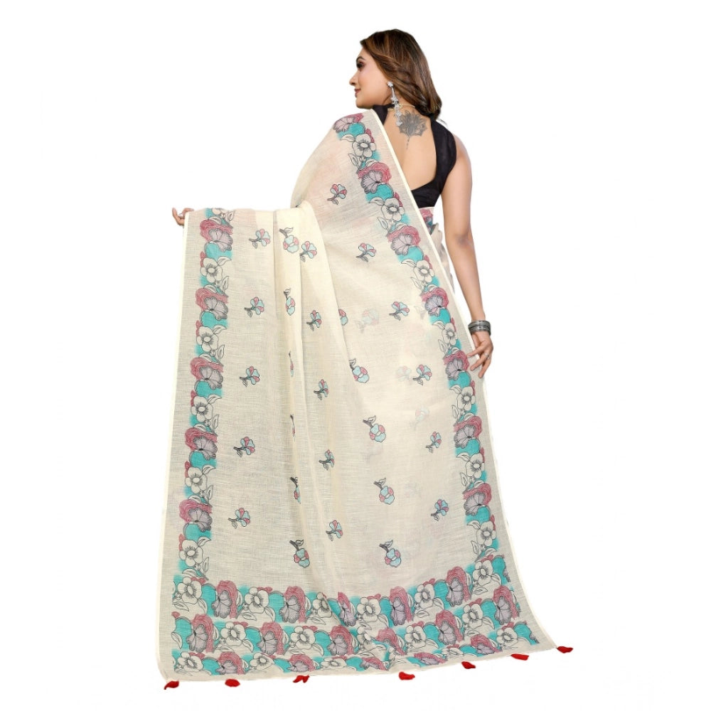 Women's Off White Linen Cotton Printed Saree With Unstitched Blouse – 5.5 Mtr
