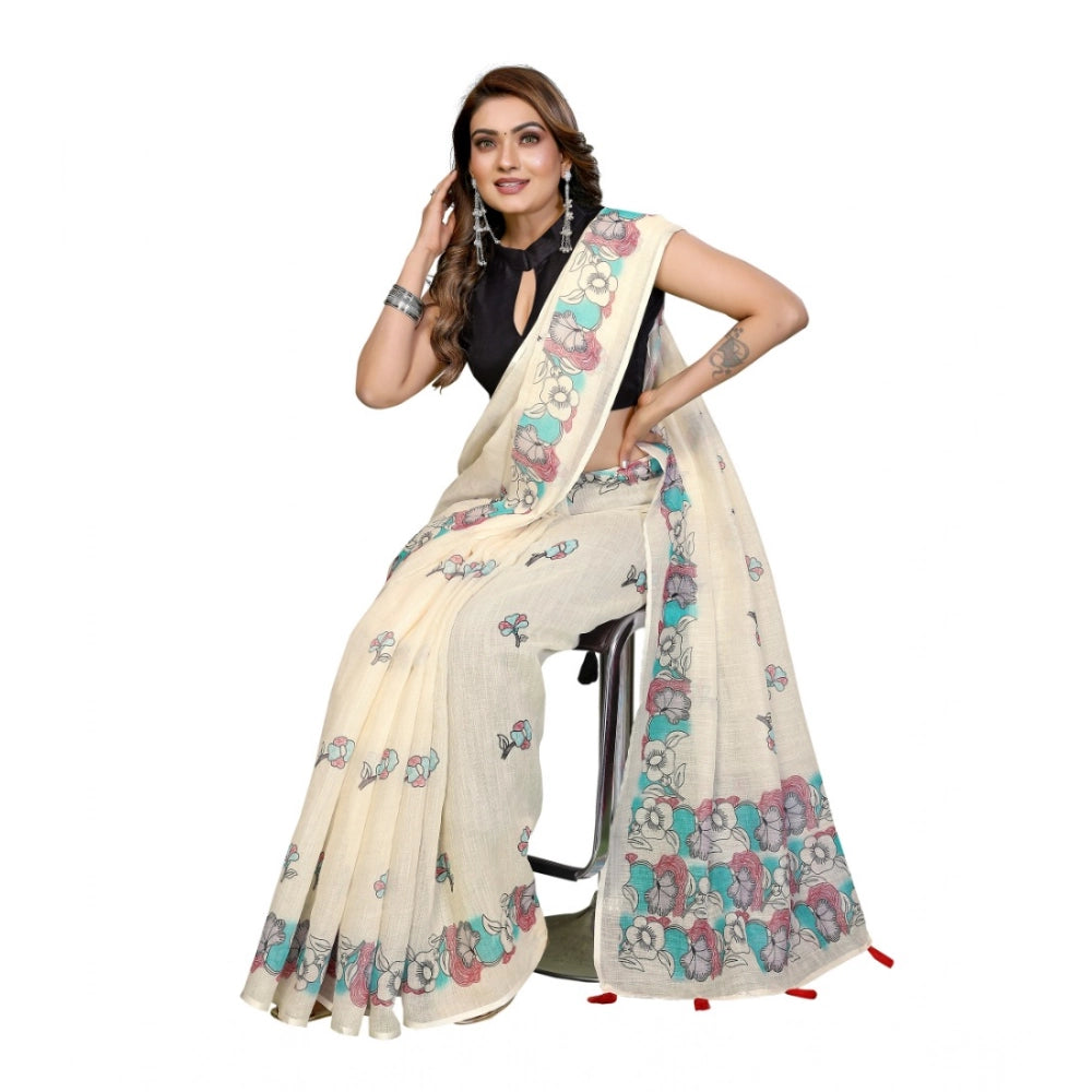 Women's Off White Linen Cotton Printed Saree With Unstitched Blouse – 5.5 Mtr