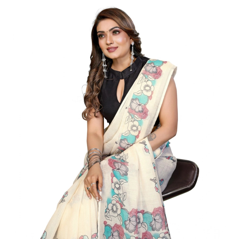 Women's Off White Linen Cotton Printed Saree With Unstitched Blouse – 5.5 Mtr