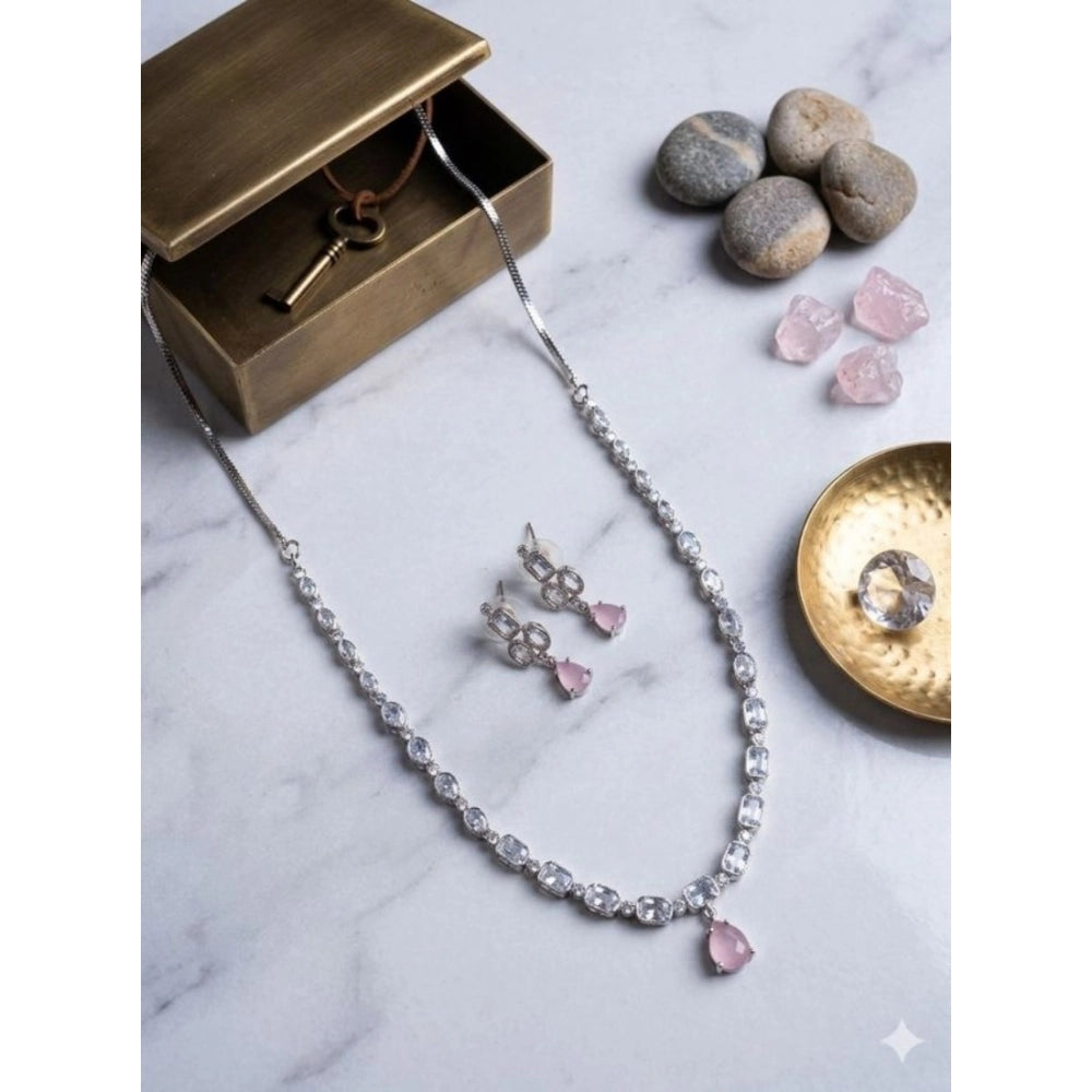 Women's Pink Brass Silver Plated Necklace Set