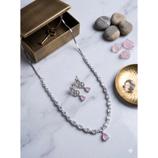 Women's Pink Brass Silver Plated Necklace Set