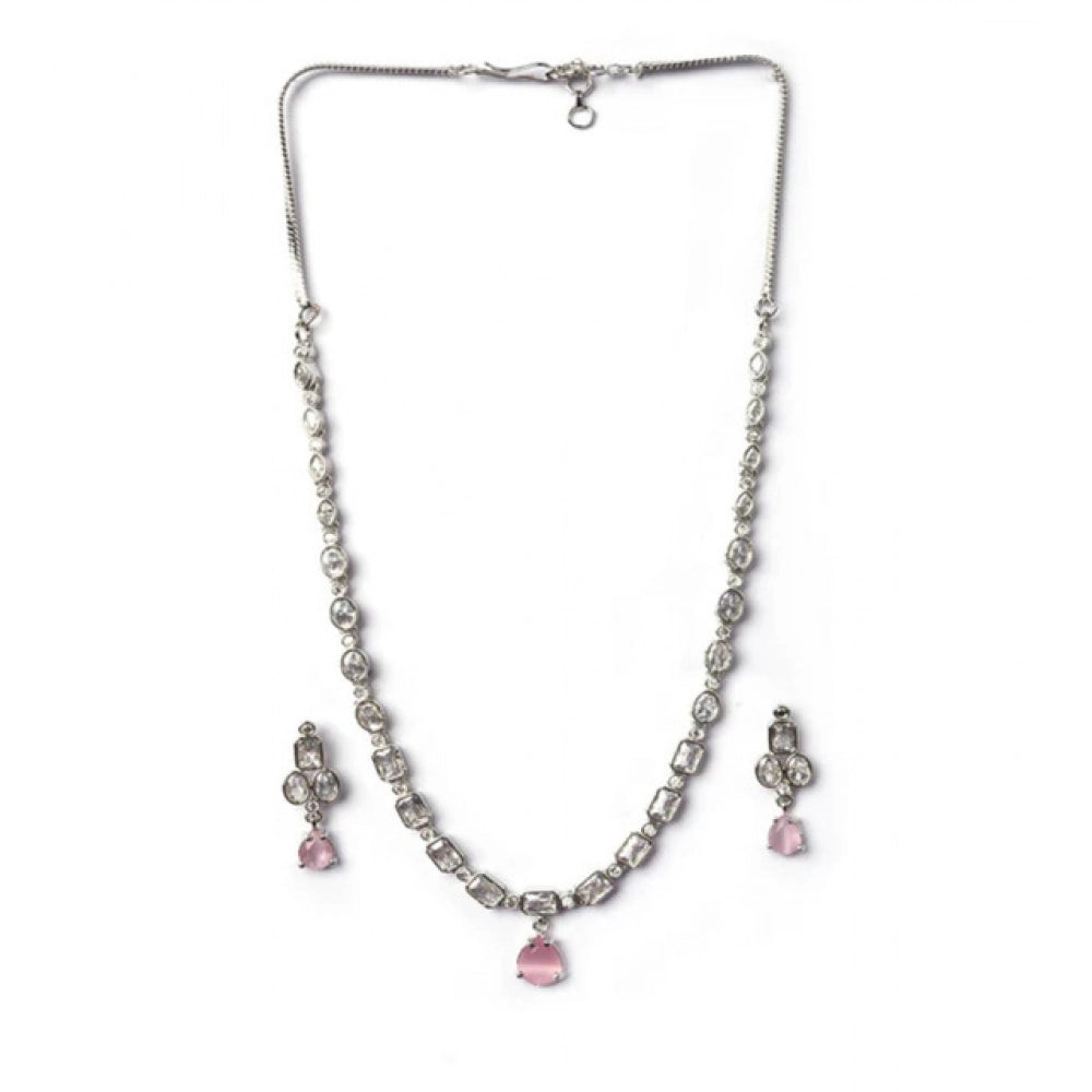 Women's Pink Brass Silver Plated Necklace Set