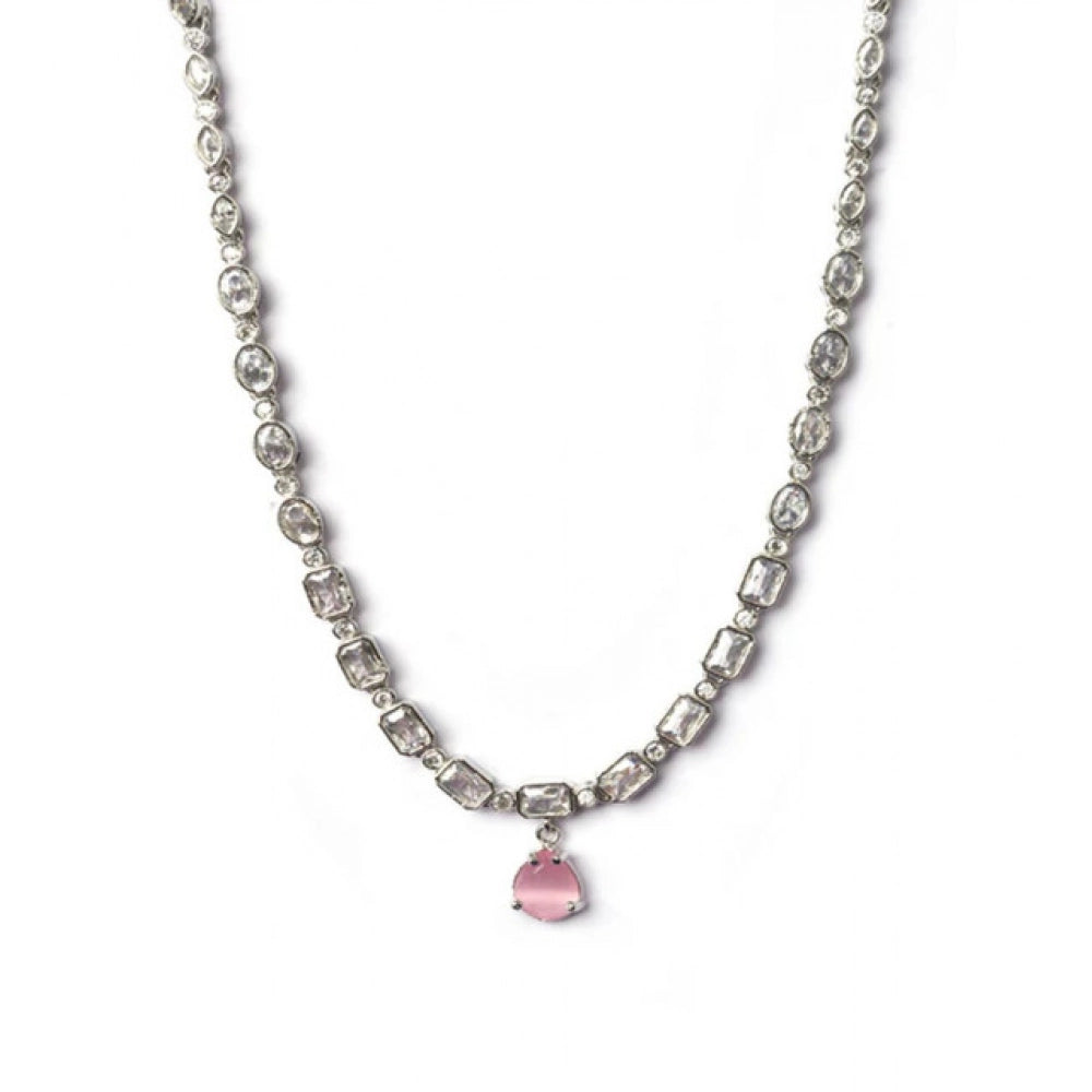 Women's Pink Brass Silver Plated Necklace Set