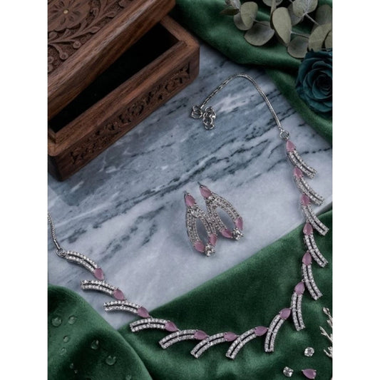 Women's Pink Brass Silver Plated Necklace Set