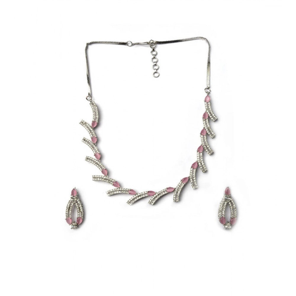 Women's Pink Brass Silver Plated Necklace Set