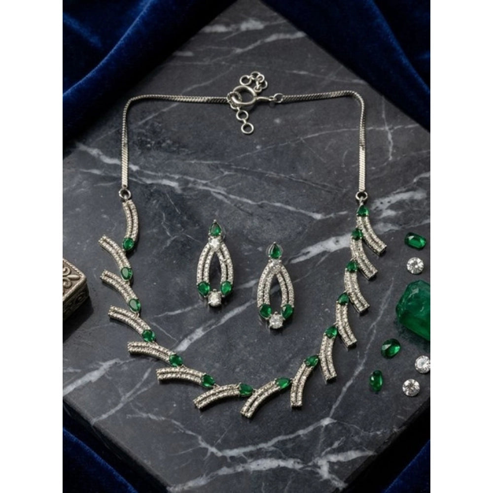 Women's Green Brass Silver Plated Necklace Set