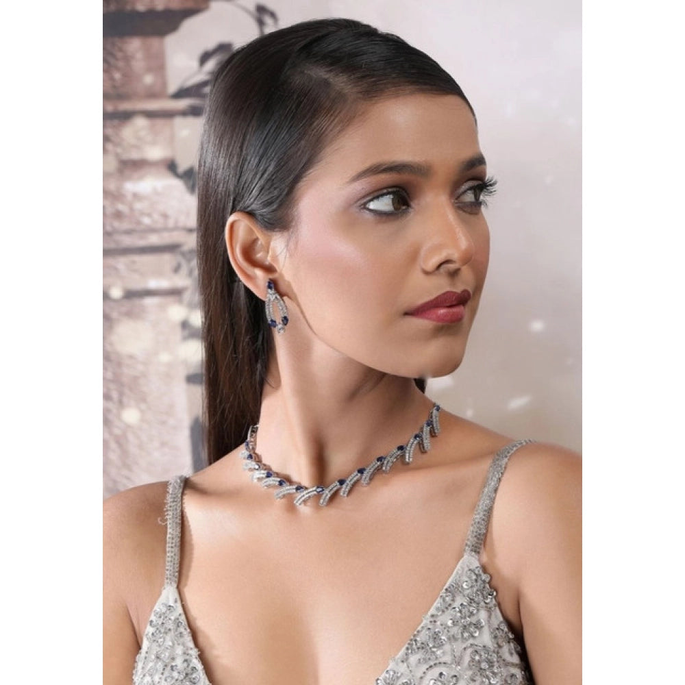 Women's Blue Brass Silver Plated Necklace Set