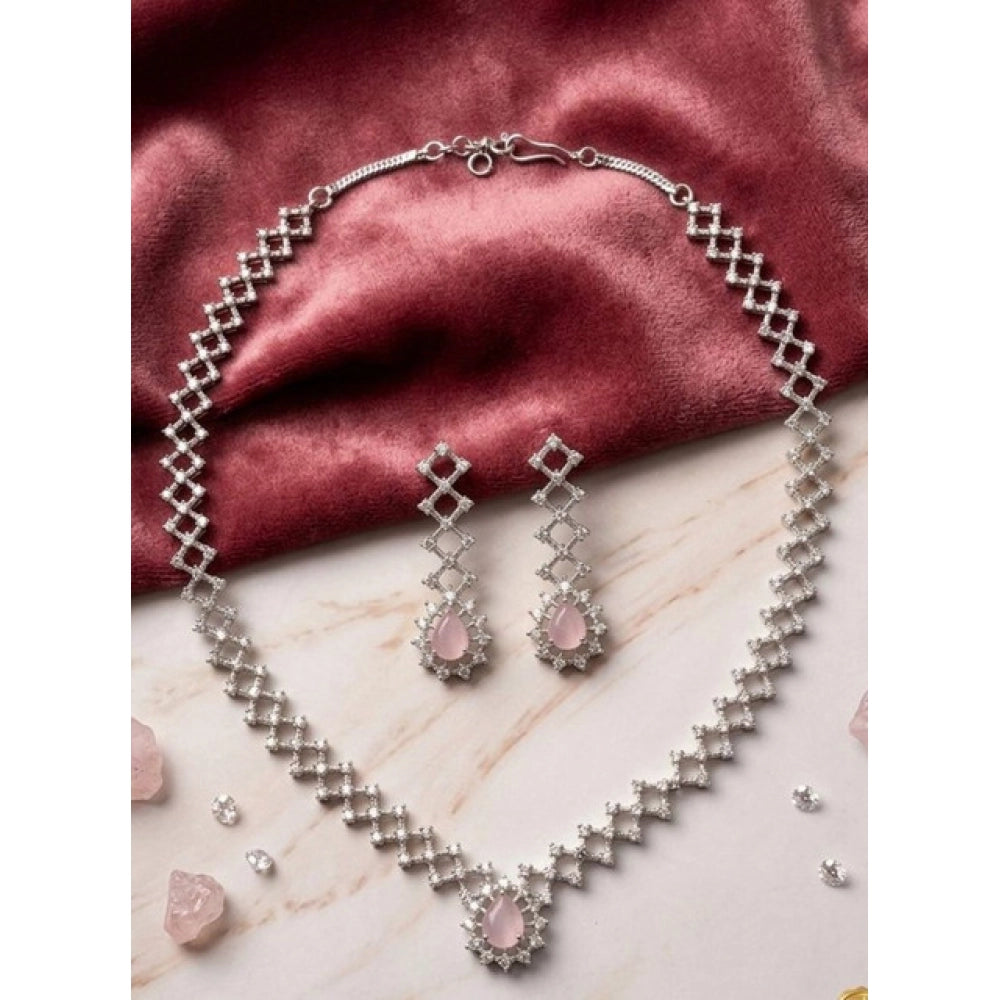 Women's Pink Brass Silver Plated Necklace Set