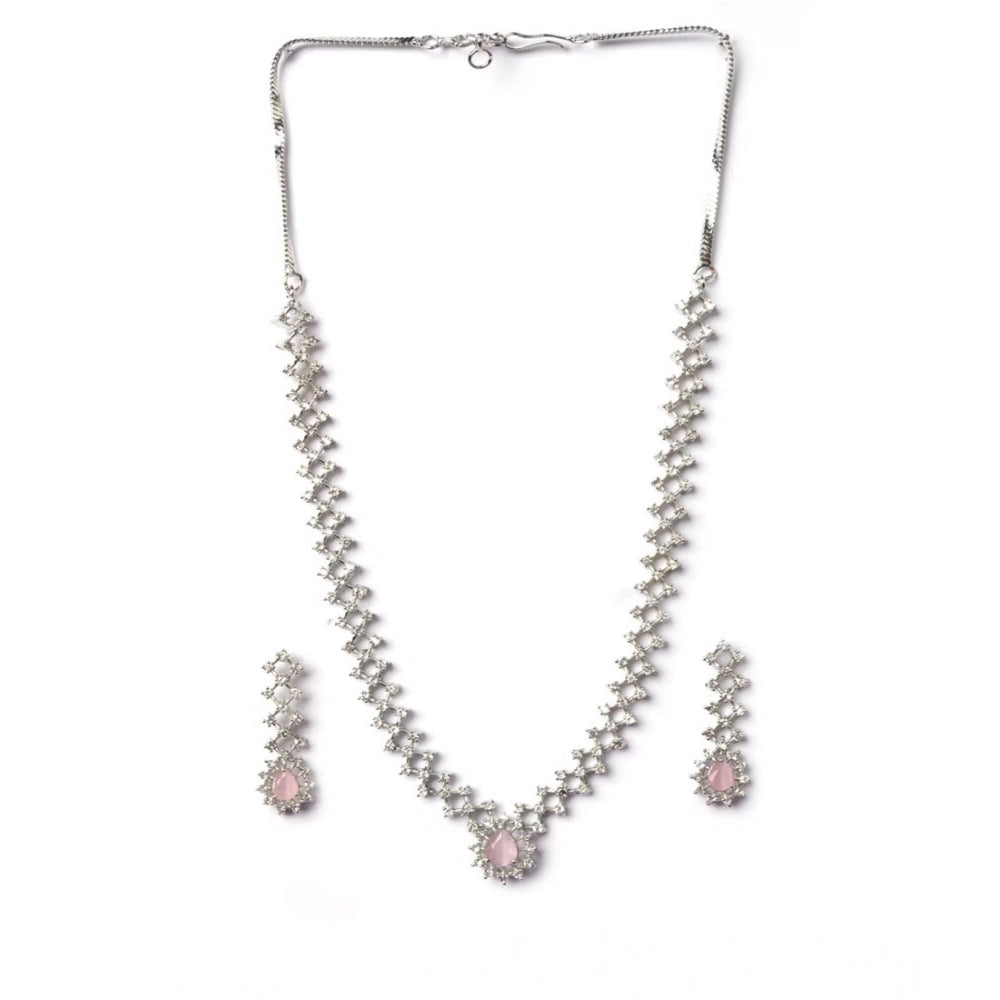 Women's Pink Brass Silver Plated Necklace Set