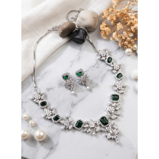 Women's Green Brass Silver Plated Necklace Set