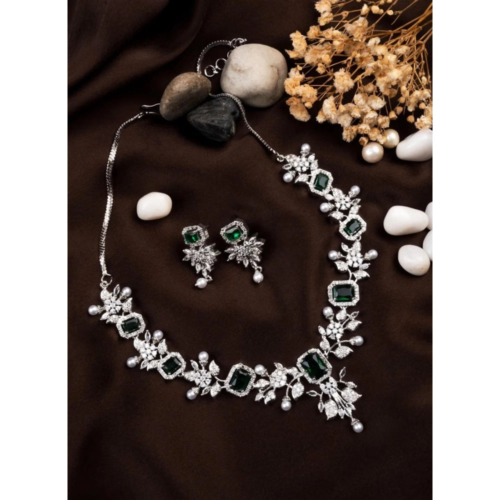 Women's Green Brass Silver Plated Necklace Set