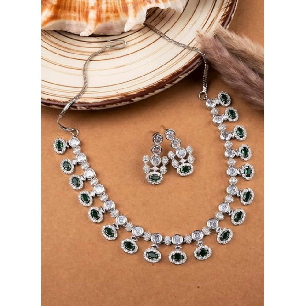 Women's Green Brass Silver Plated Necklace Set