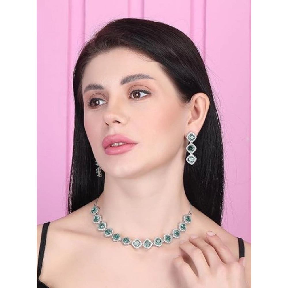 Women's Green Brass Silver Plated Necklace Set