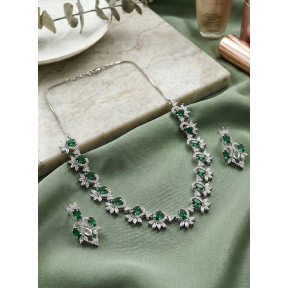 Women's Green Brass Silver Plated Necklace Set