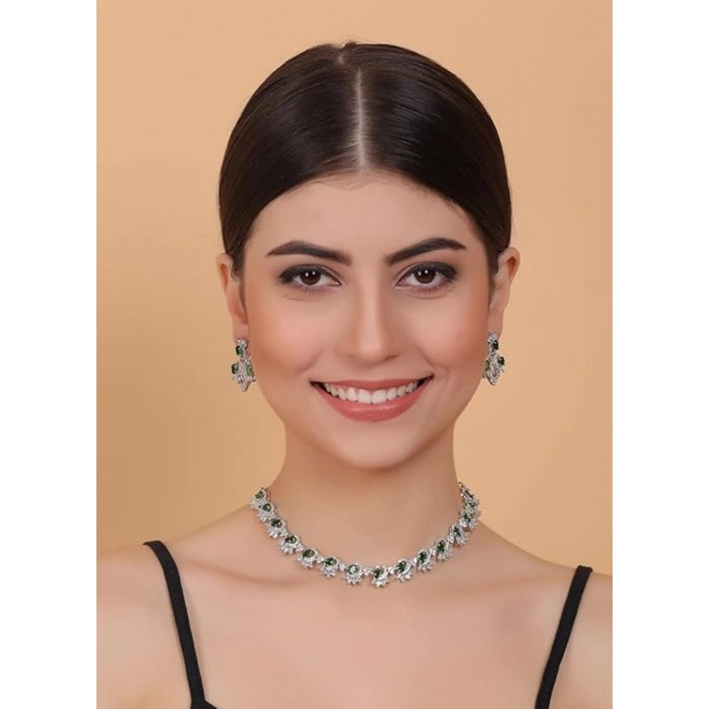 Women's Green Brass Silver Plated Necklace Set