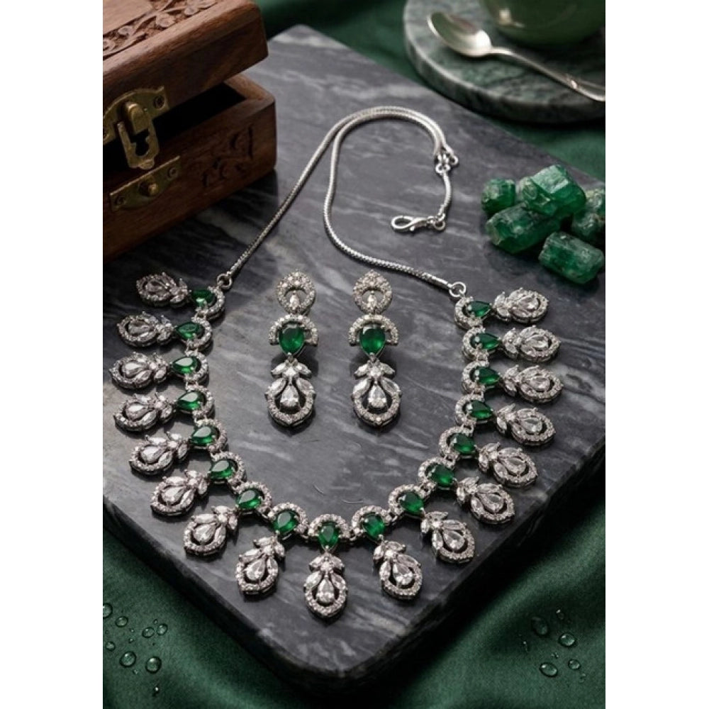 Women's Green Brass Silver Plated Necklace Set
