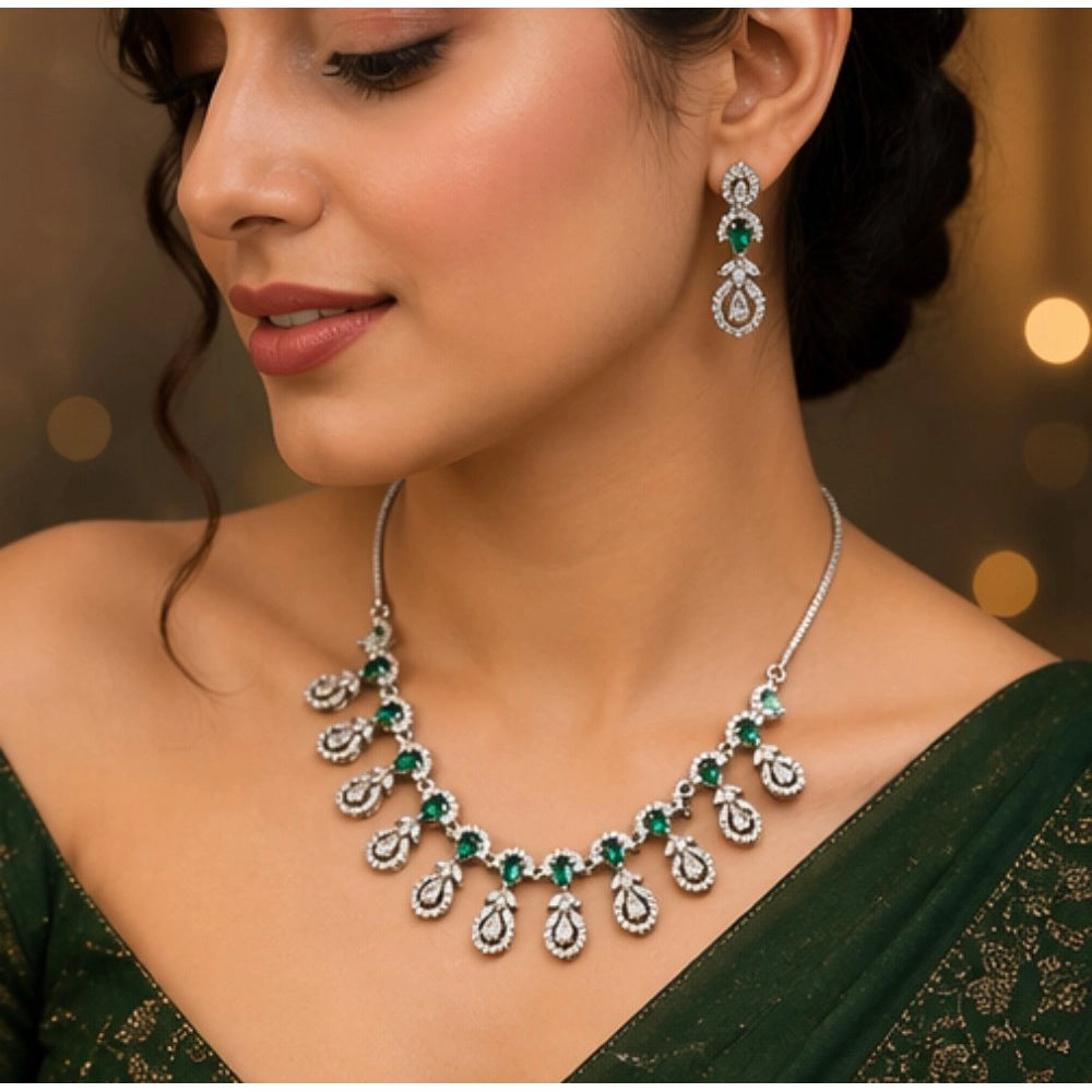 Women's Green Brass Silver Plated Necklace Set
