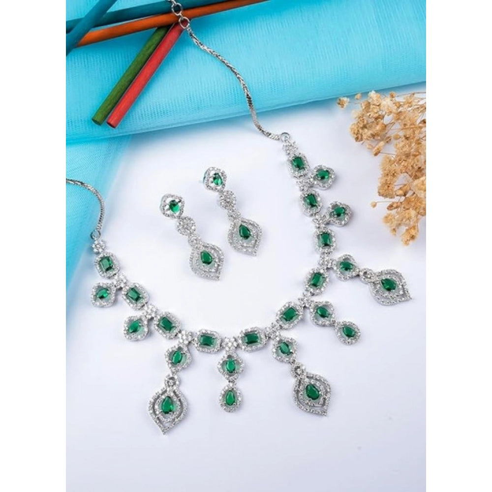 Women's Green Brass Silver Plated Necklace Set