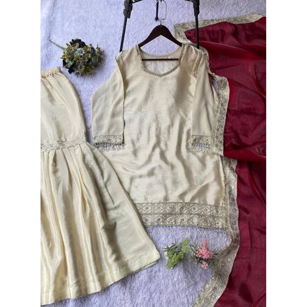 Women's Cream & Brown Silk Embroidered Kurti with Sharara & Dupatta Set