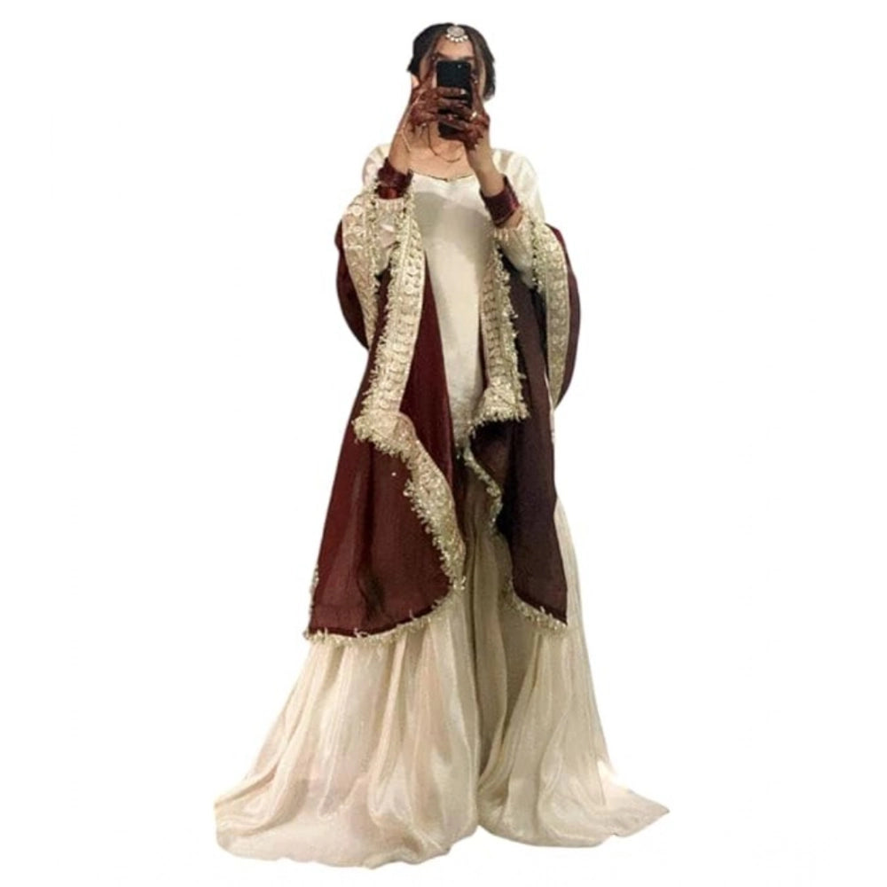 Women's Cream & Brown Silk Embroidered Kurti with Sharara & Dupatta Set