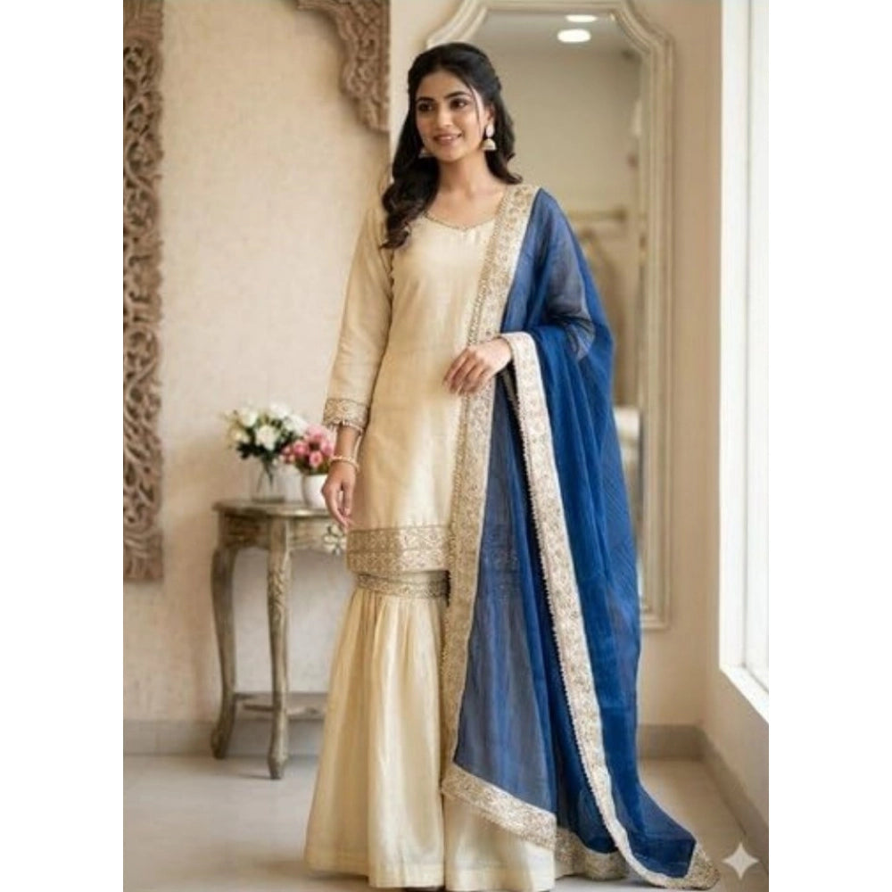 Generic Women's Silk Embroidered 3/4th Sleeve V-Neck Kurti With Sharara Pant and Dupatta Set (Cream & Blue)