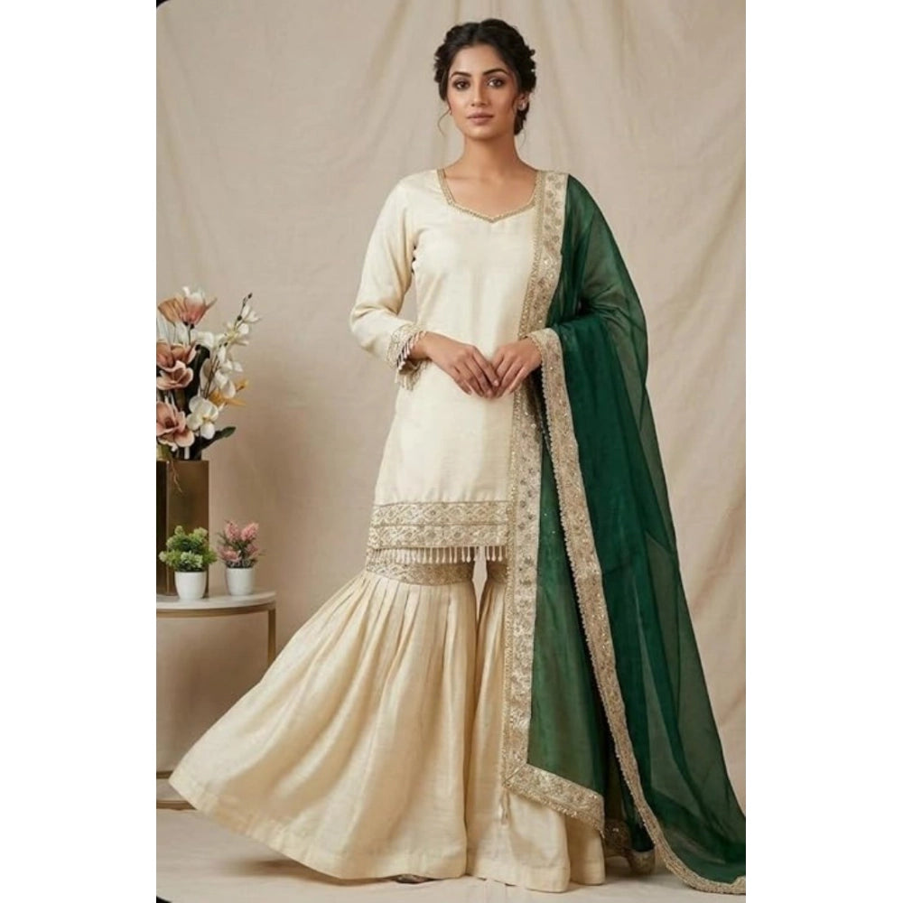 Women's Silk Embroidered Kurti With Sharara Pant & Dupatta Set - Cream & Bottle Green