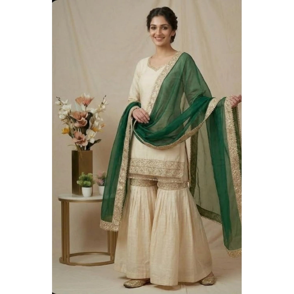 Women's Silk Embroidered Kurti With Sharara Pant & Dupatta Set - Cream & Bottle Green