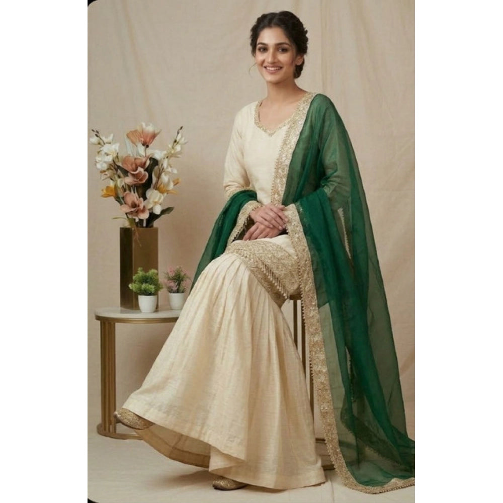 Women's Silk Embroidered Kurti With Sharara Pant & Dupatta Set - Cream & Bottle Green