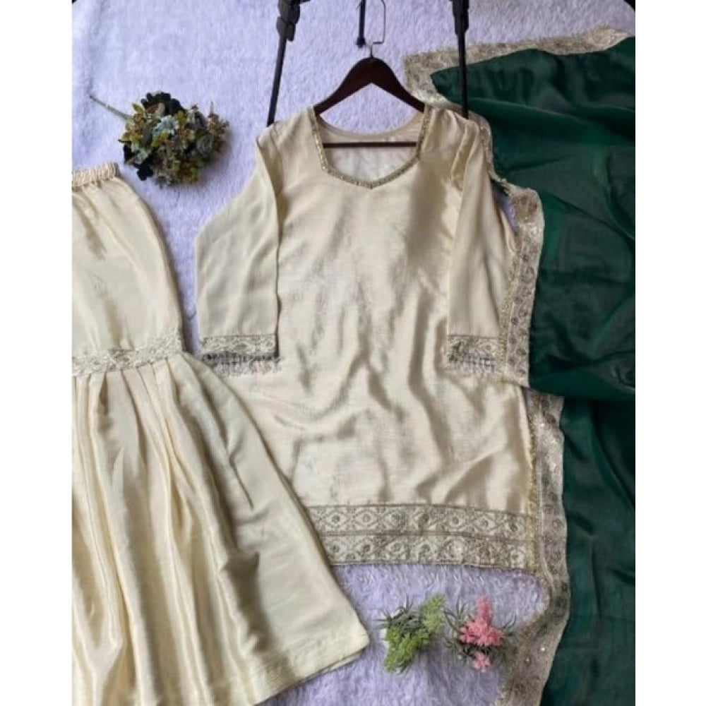 Women's Silk Embroidered Kurti With Sharara Pant & Dupatta Set - Cream & Bottle Green