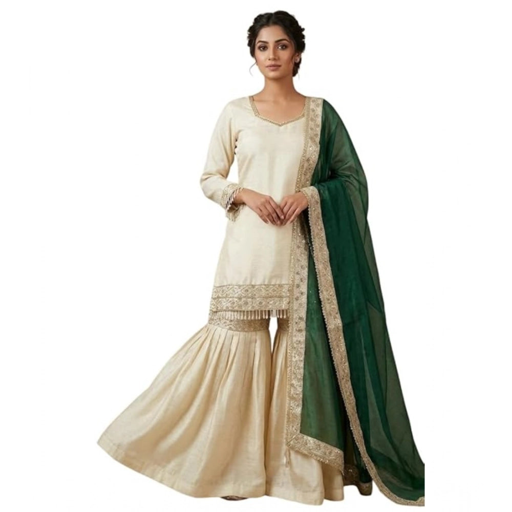 Women's Silk Embroidered Kurti With Sharara Pant & Dupatta Set - Cream & Bottle Green