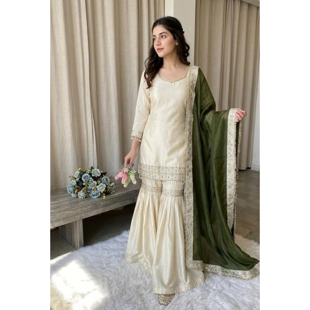 Generic Women's Silk Embroidered 3/4th Sleeve V-Neck Kurti With Sharara Pant and Dupatta Set (Cream & Green)
