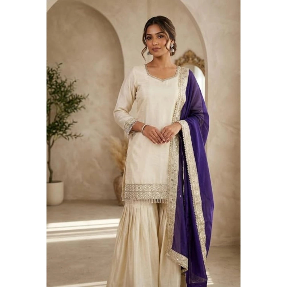 Women's Silk Embroidered 3/4 Sleeve V-Neck Kurti with Sharara Pant & Dupatta Set