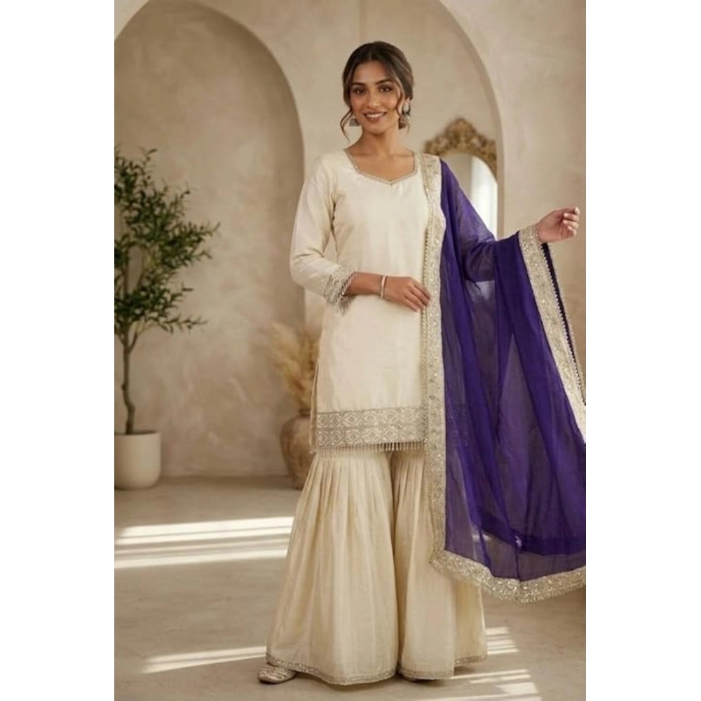 Women's Silk Embroidered 3/4 Sleeve V-Neck Kurti with Sharara Pant & Dupatta Set