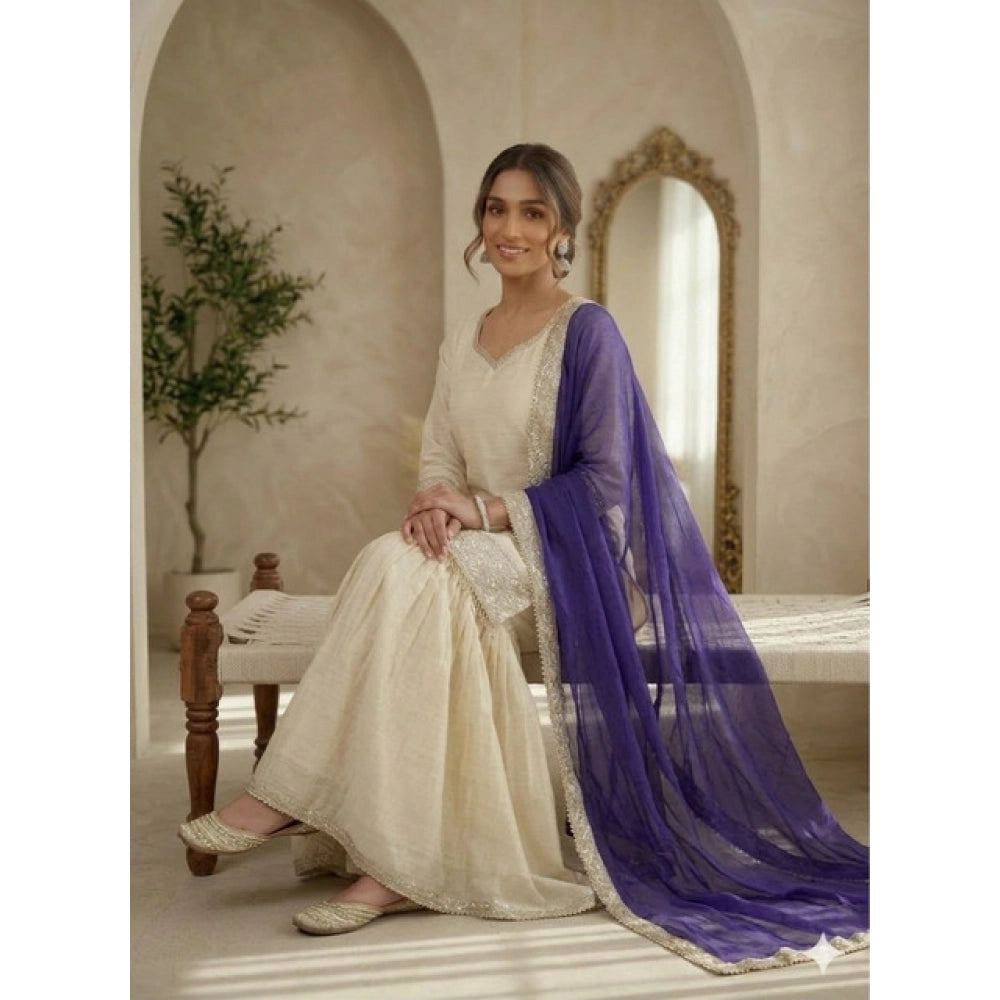 Women's Silk Embroidered 3/4 Sleeve V-Neck Kurti with Sharara Pant & Dupatta Set