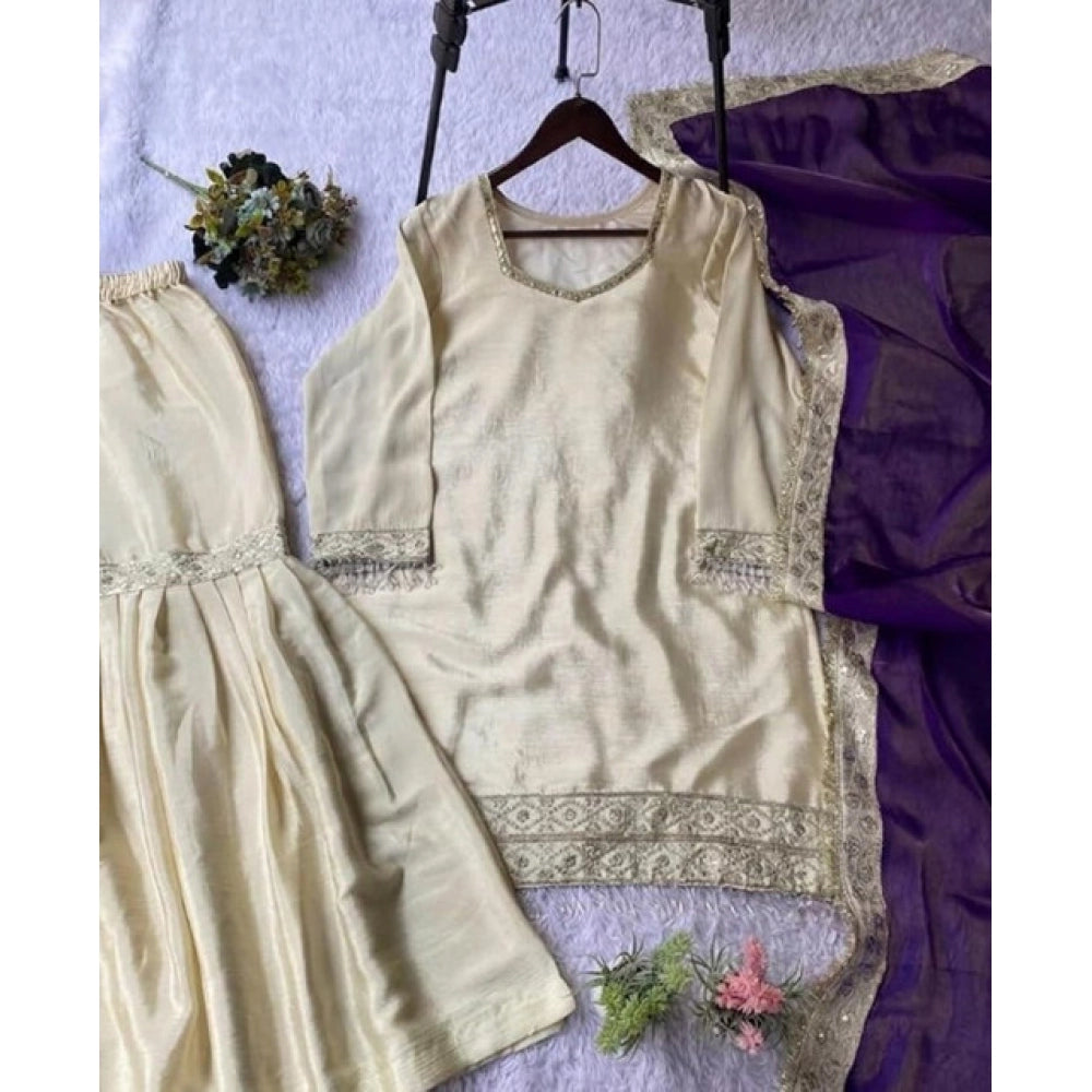 Women's Silk Embroidered 3/4 Sleeve V-Neck Kurti with Sharara Pant & Dupatta Set