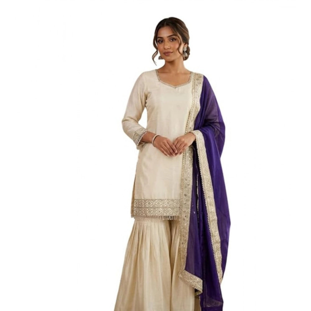 Women's Silk Embroidered 3/4 Sleeve V-Neck Kurti with Sharara Pant & Dupatta Set