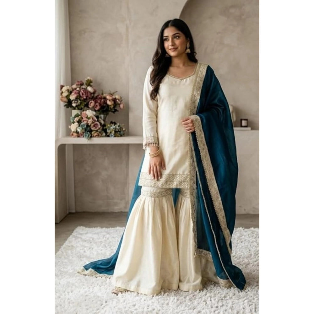 Women's Cream & Teal Silk Embroidered Kurti with Sharara & Dupatta Set