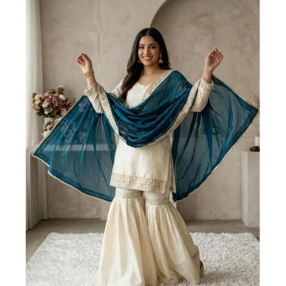 Women's Cream & Teal Silk Embroidered Kurti with Sharara & Dupatta Set