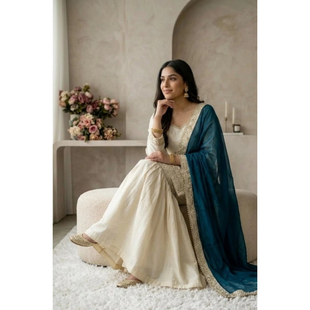 Women's Cream & Teal Silk Embroidered Kurti with Sharara & Dupatta Set